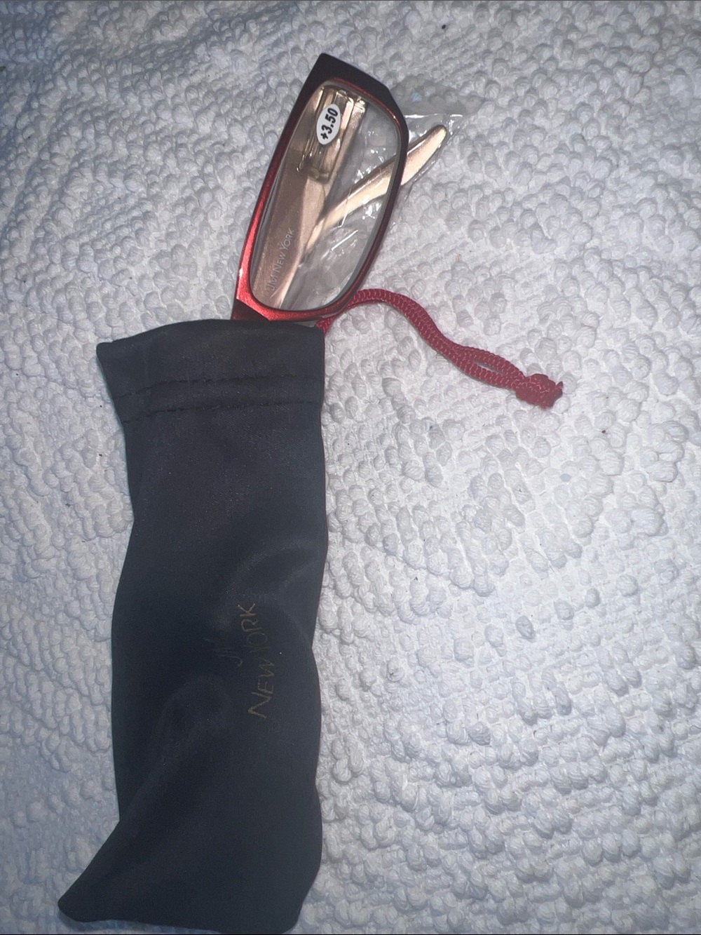 New in package, +3.50 JM New York Red Reading Glasses with Black Soft Pouch